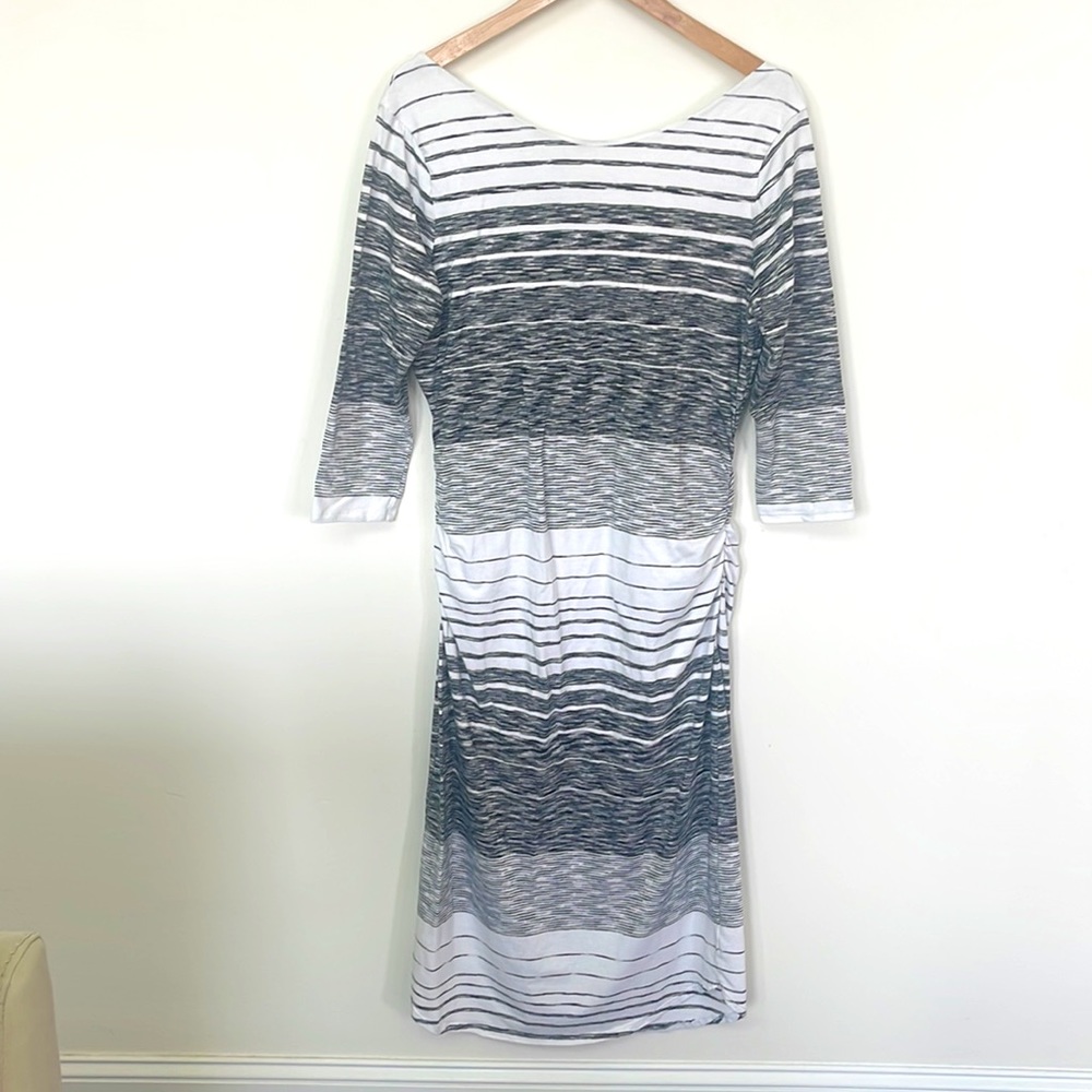 Athleta Comeback Striped Midi Fitted Dress with Stretch Ruched Sides Size L